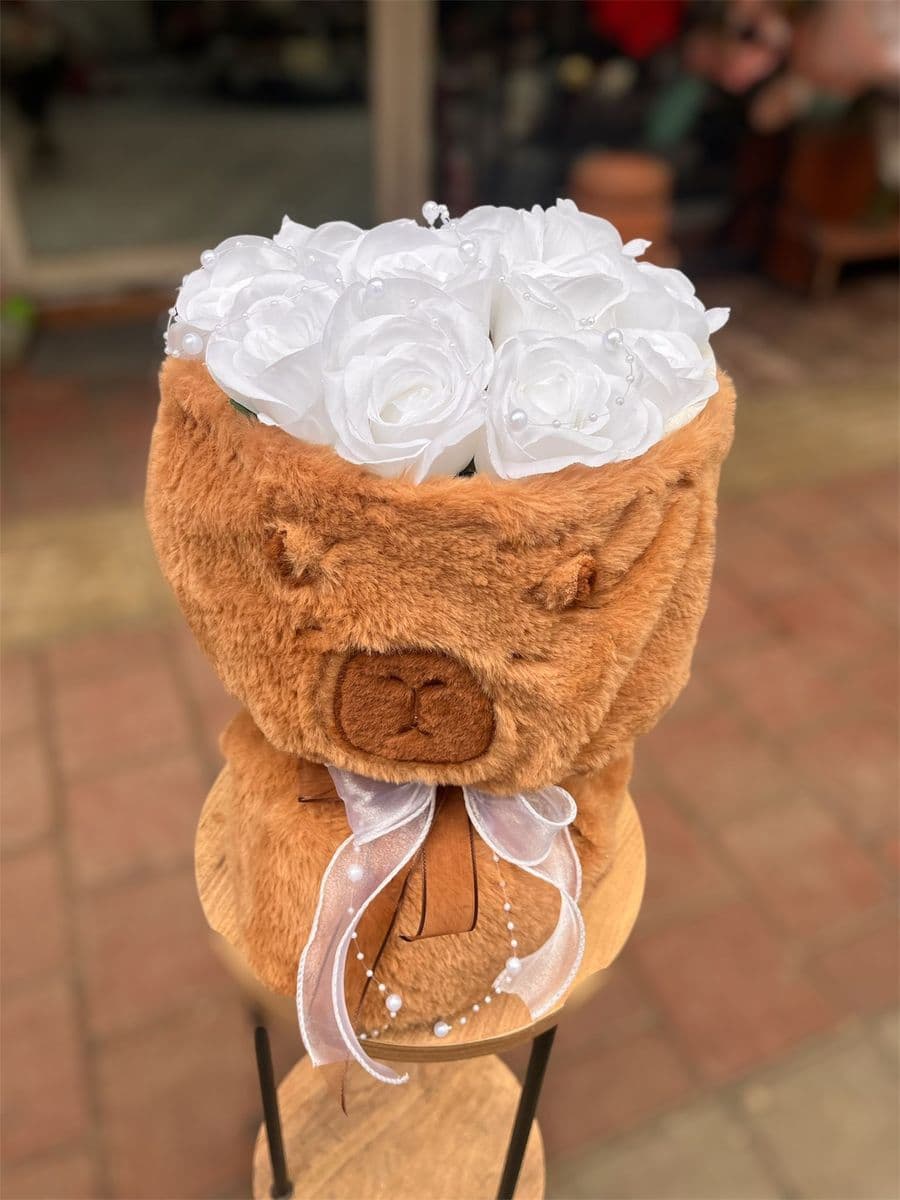 Peluş Ayıcıkda Beyaz Güller - Küçük Görsel 2