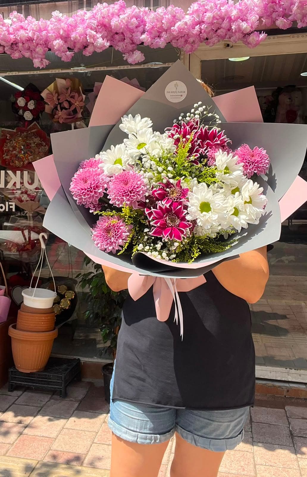 Pembe Ve Beyaz Papatya Buketi - Küçük Görsel 3