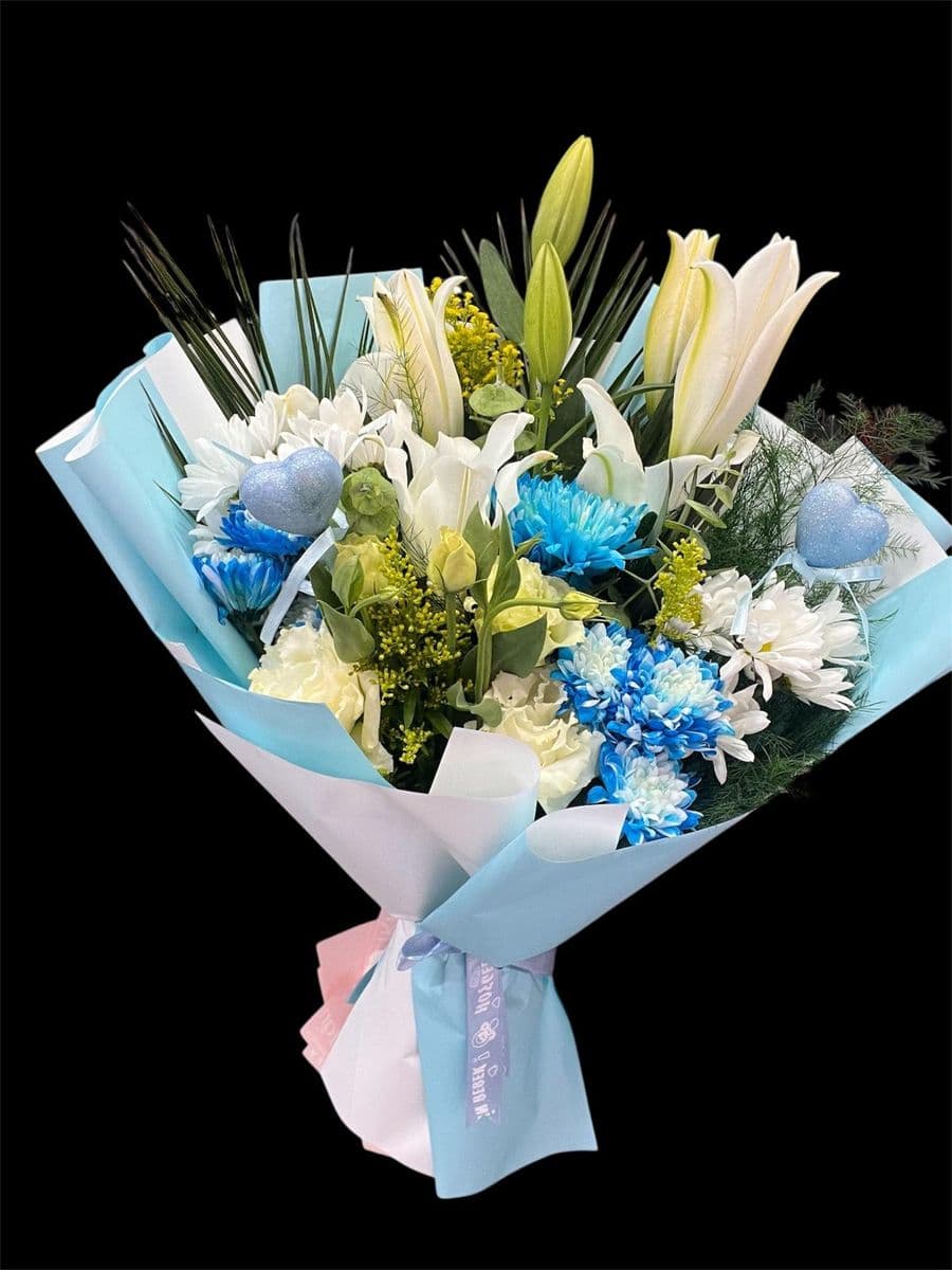 Lilyumlu Mavi Detaylı Buket - Küçük Görsel 2