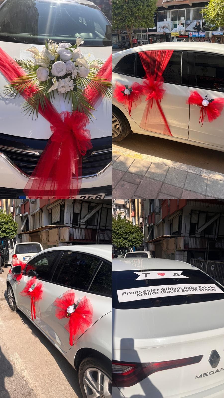Kırmızı Tül Detaylı Yapay Gelin Arabası Süsleme